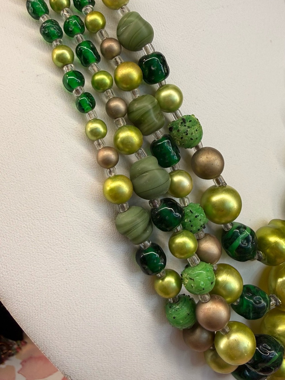 Vintage Japan Multi-Strand Green Glass & Lucite Statement Beaded Necklace - Picture 3 of 5